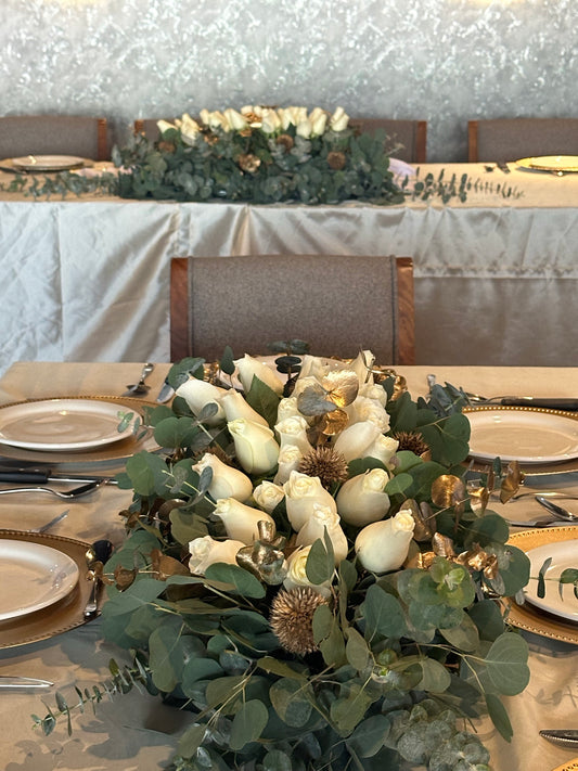 Centro de mesa rectangular blanco&dorado